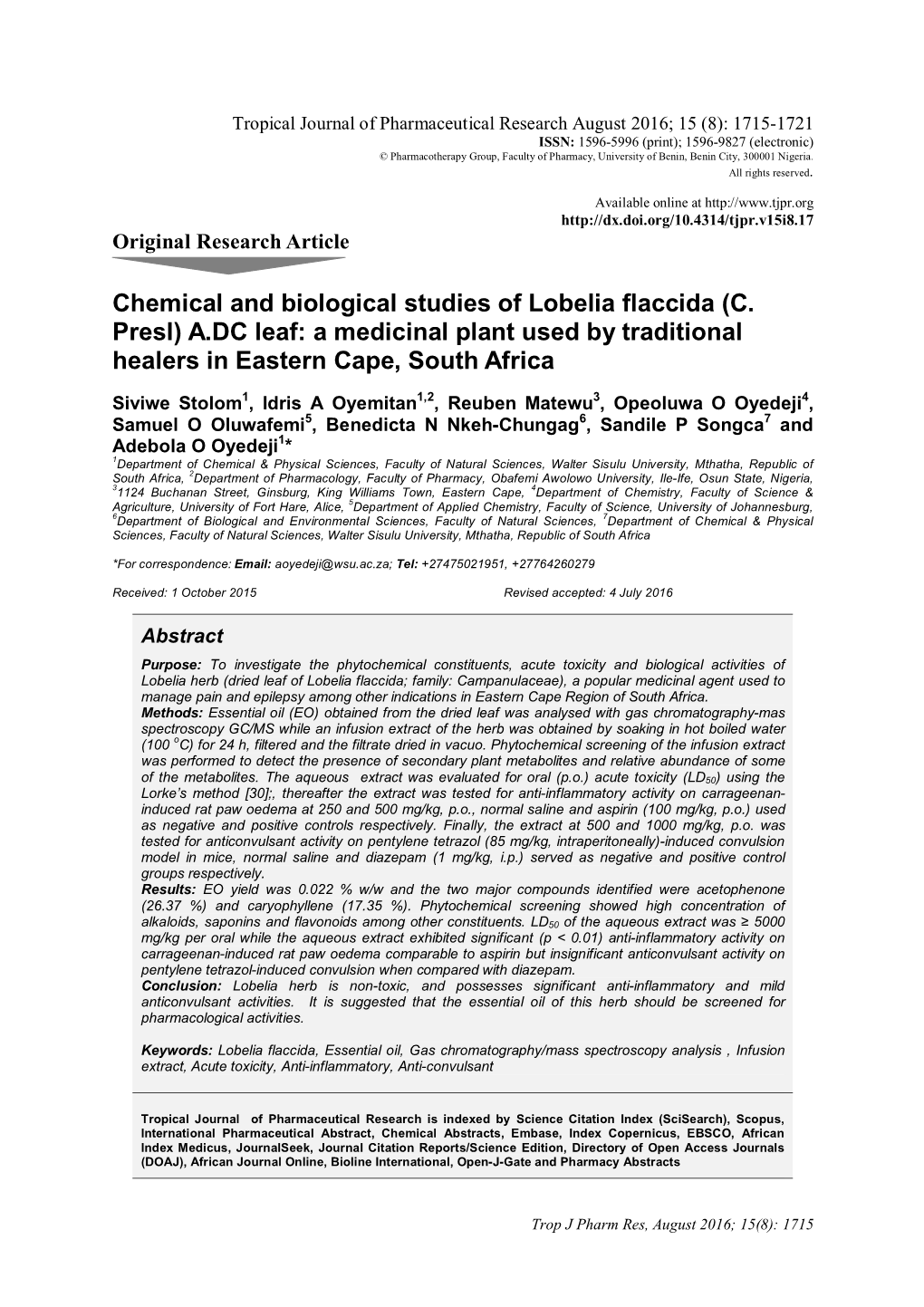 Chemical and Biological Studies of Lobelia Flaccida (C. Presl) A.DC Leaf: a Medicinal Plant Used by Traditional Healers in Eastern Cape, South Africa