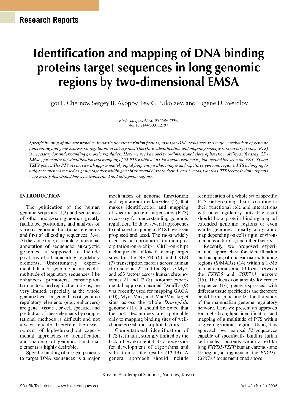 Identification and Mapping of DNA Binding Proteins Target Sequences in Long Genomic Regions by Two-Dimensional EMSA