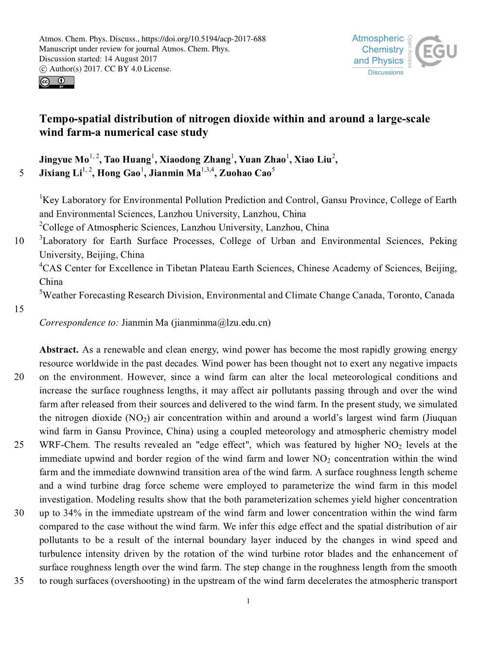 Tempo-Spatial Distribution of Nitrogen Dioxide Within and Around a Large-Scale Wind Farm-A Numerical Case Study