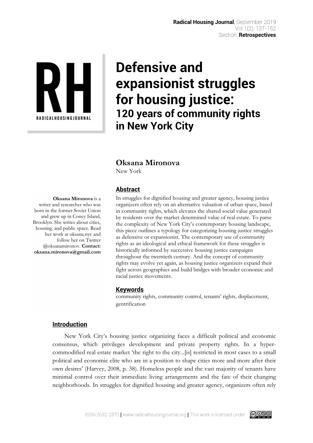 Defensive and Expansionist Struggles for Housing Justice: 120 Years of Community Rights in New York City