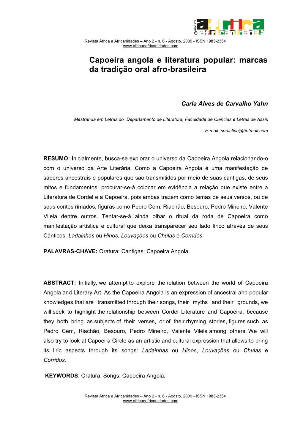 Capoeira Angola E Literatura Popular: Marcas Da Tradição Oral Afro-Brasileira