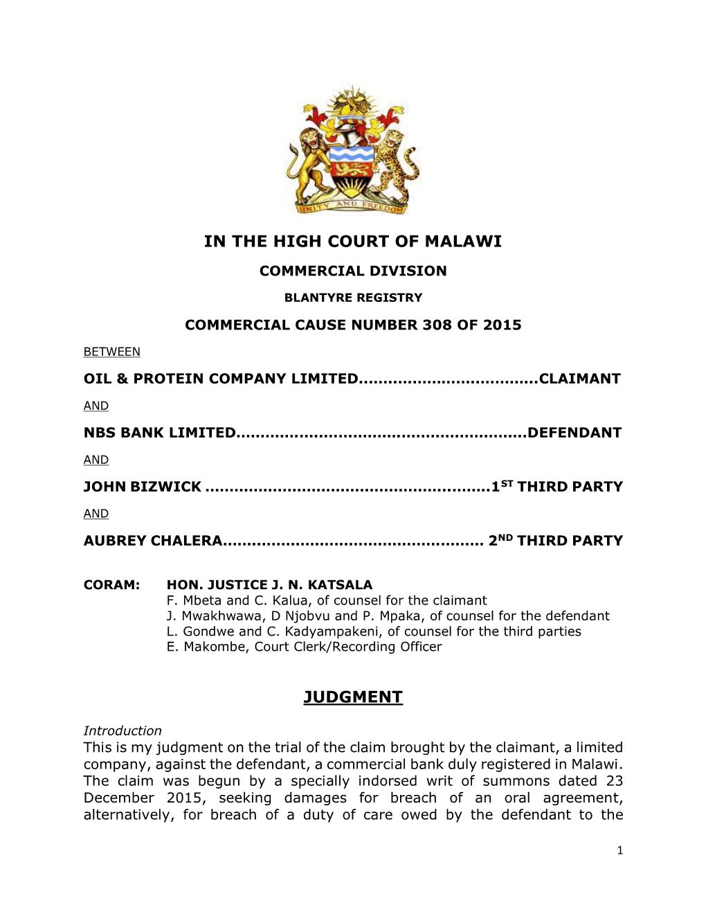 In the High Court of Malawi Judgment