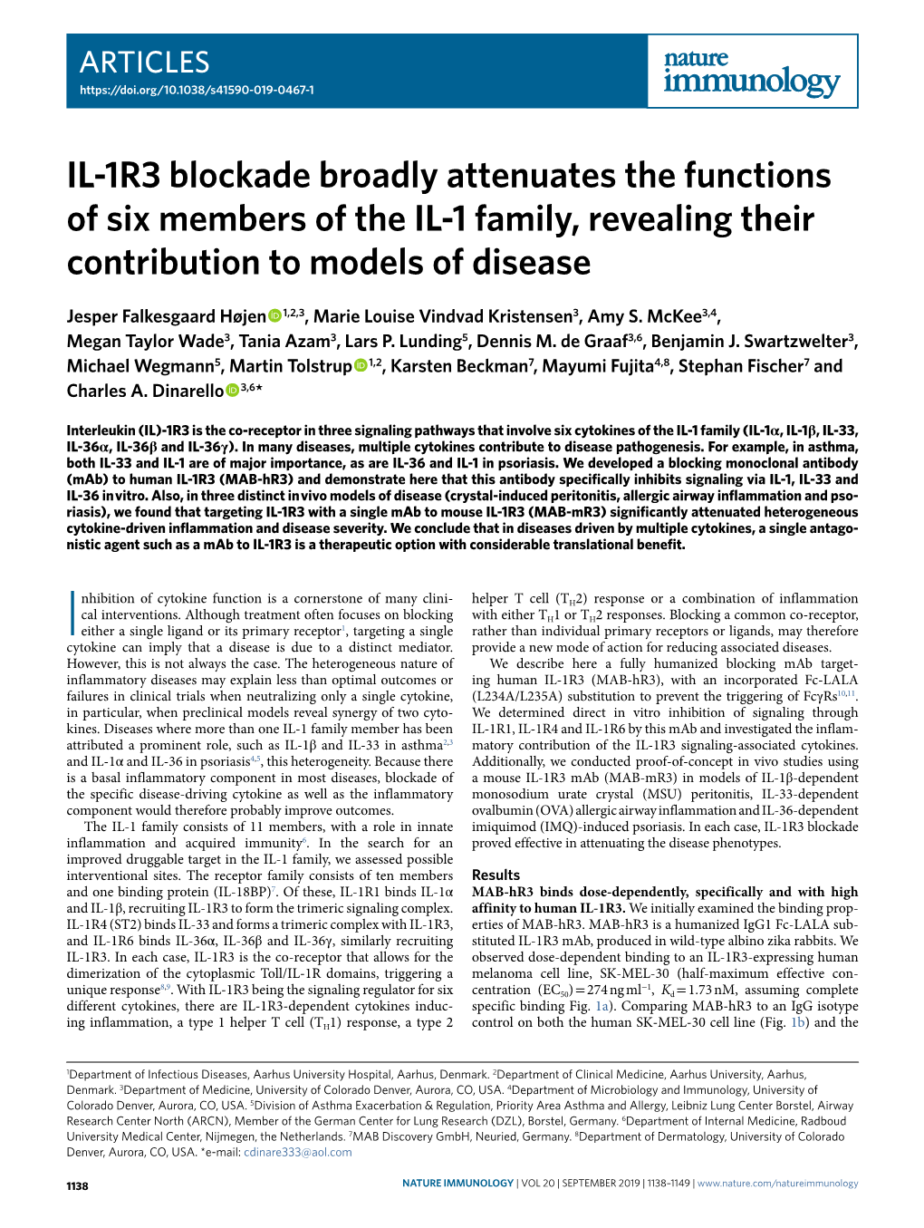 IL-1R3 Blockade Broadly Attenuates the Functions of Six Members of the IL-1 Family, Revealing Their Contribution to Models of Disease