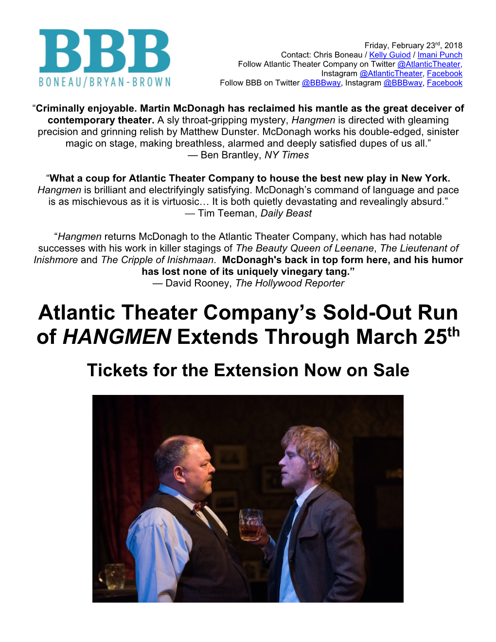 Atlantic Theater Company's Sold-Out Run of HANGMEN Extends Through March 25Th