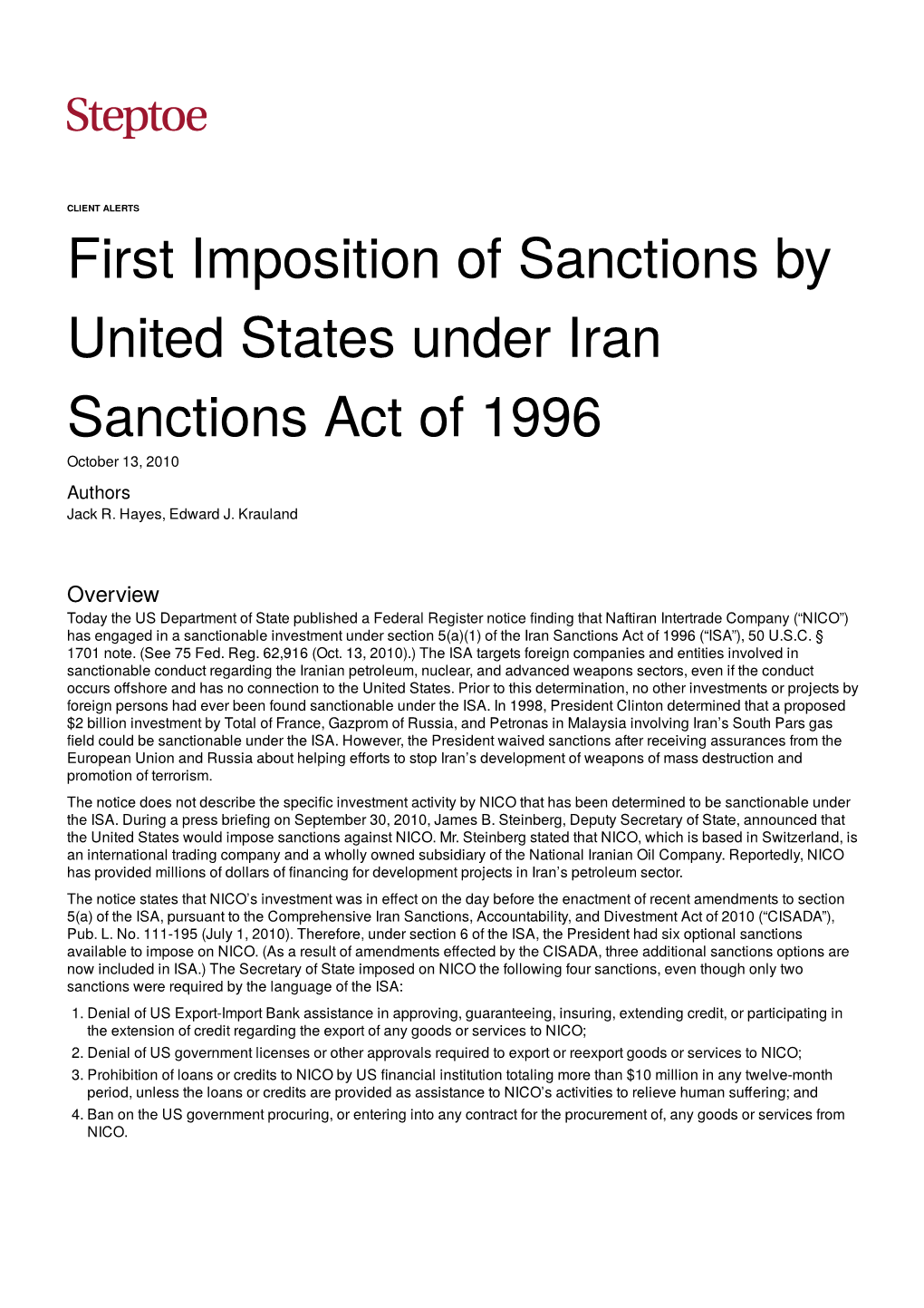 First Imposition of Sanctions by United States Under Iran Sanctions Act of 1996