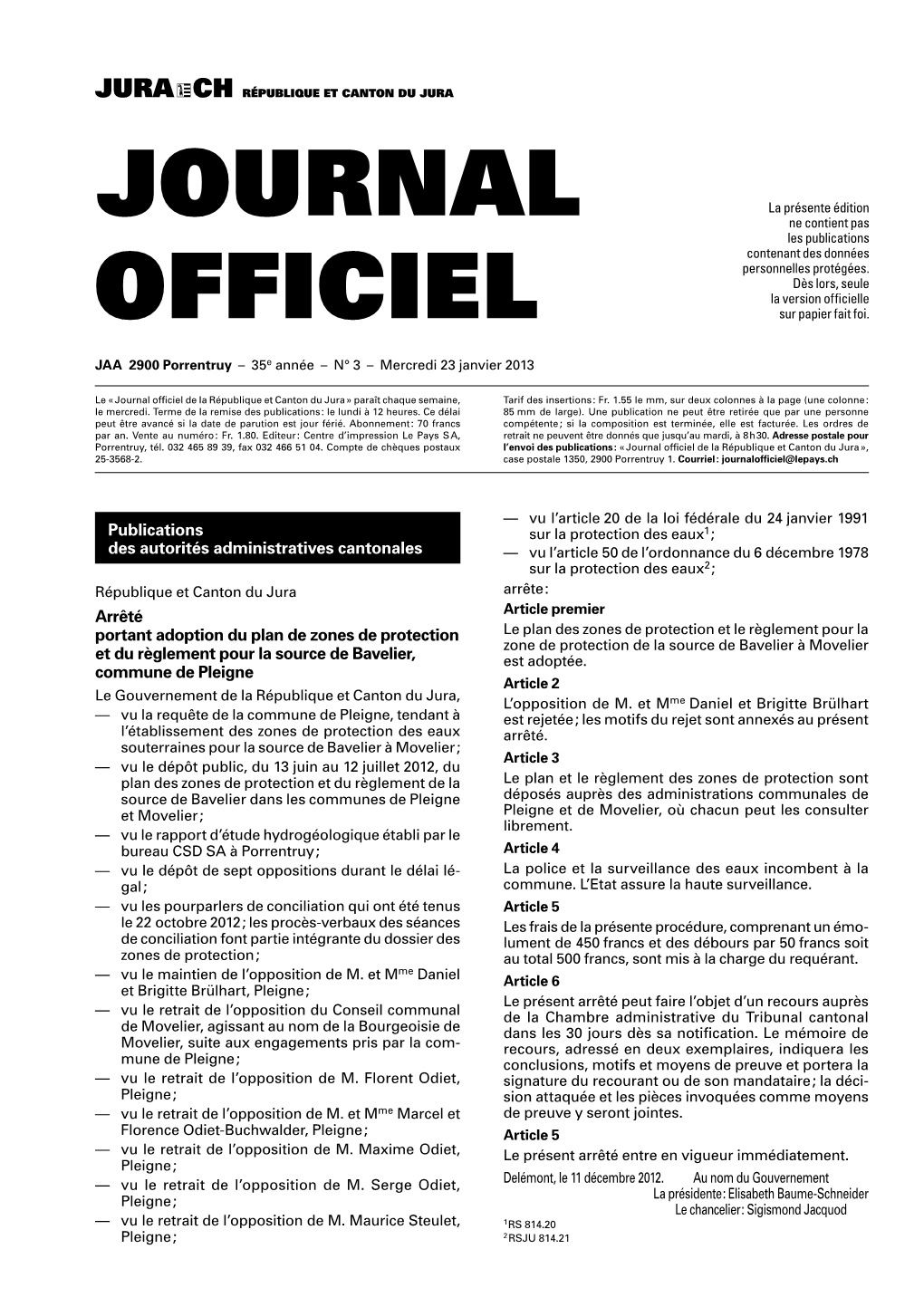 Journal Officiel De La République Et Canton Du Jura » Paraît Chaque Semaine, Tarif Des Insertions : Fr