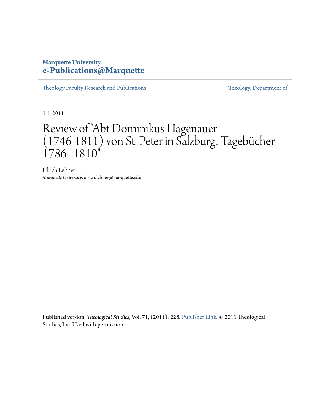 Review of "Abt Dominikus Hagenauer (1746-1811) Von St. Peter in Salzburg: Tagebücher 1786–1810" Ulrich Lehner Marquette University, Ulrich.Lehner@Marquette.Edu