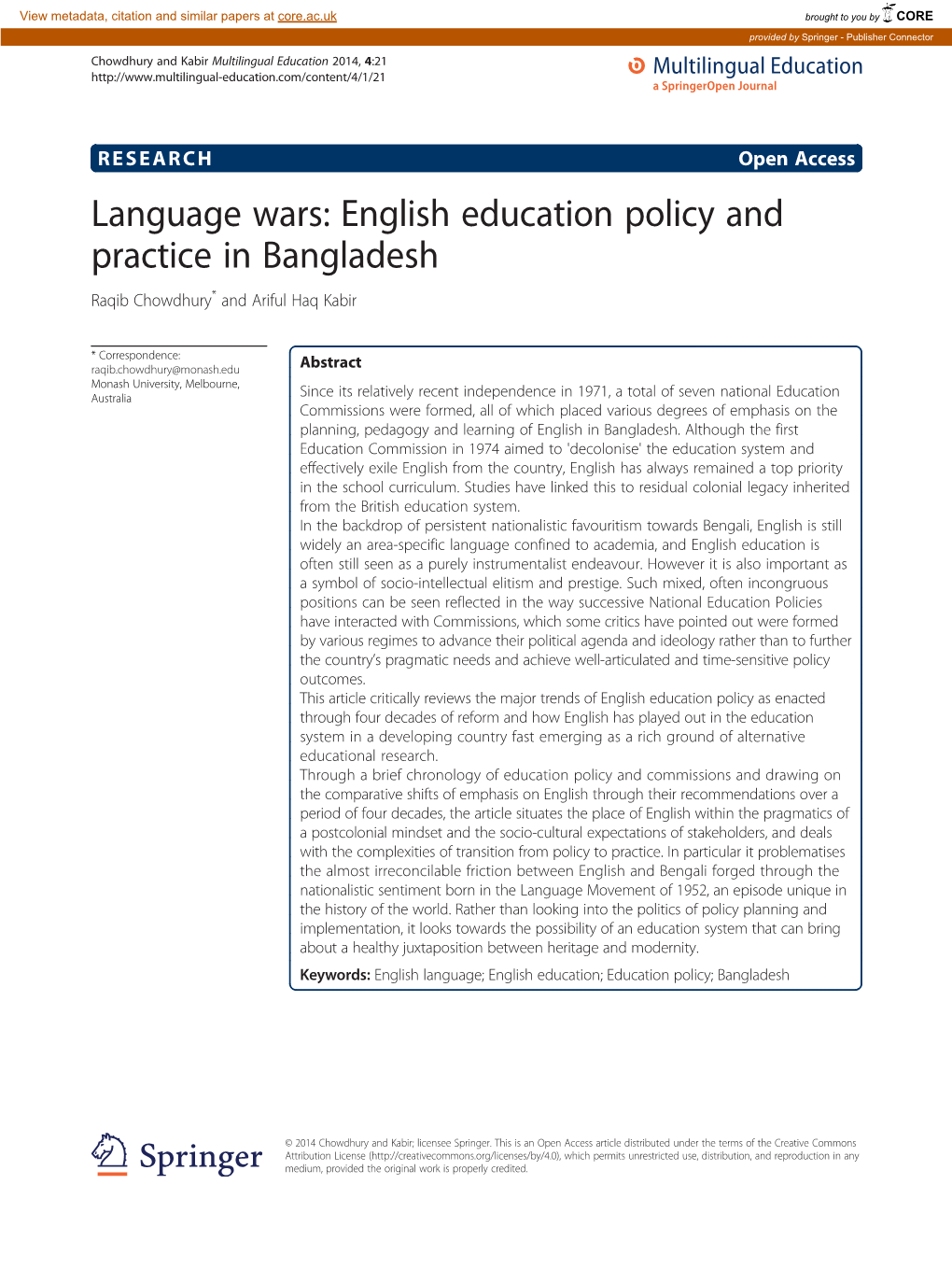 Language Wars: English Education Policy and Practice in Bangladesh Raqib Chowdhury* and Ariful Haq Kabir