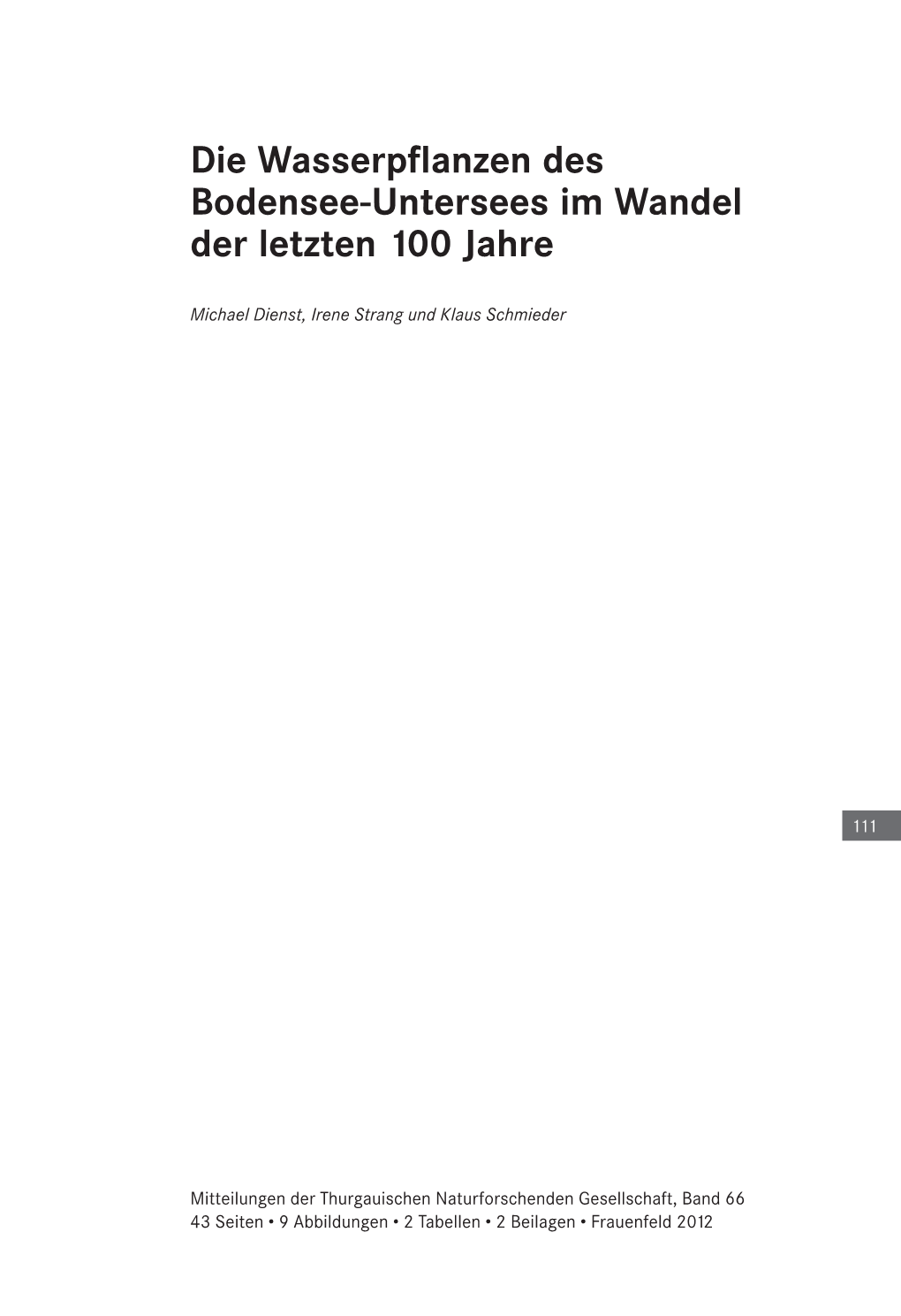 Die Wasserpflanzen Des Bodensee-Untersees Im Wandel Der Letzten 100 Jahre