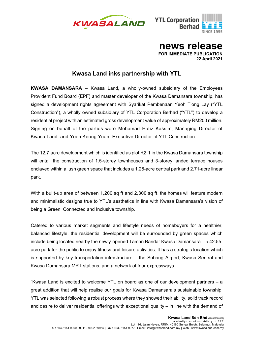 News Release for IMMEDIATE PUBLICATION 22 April 2021