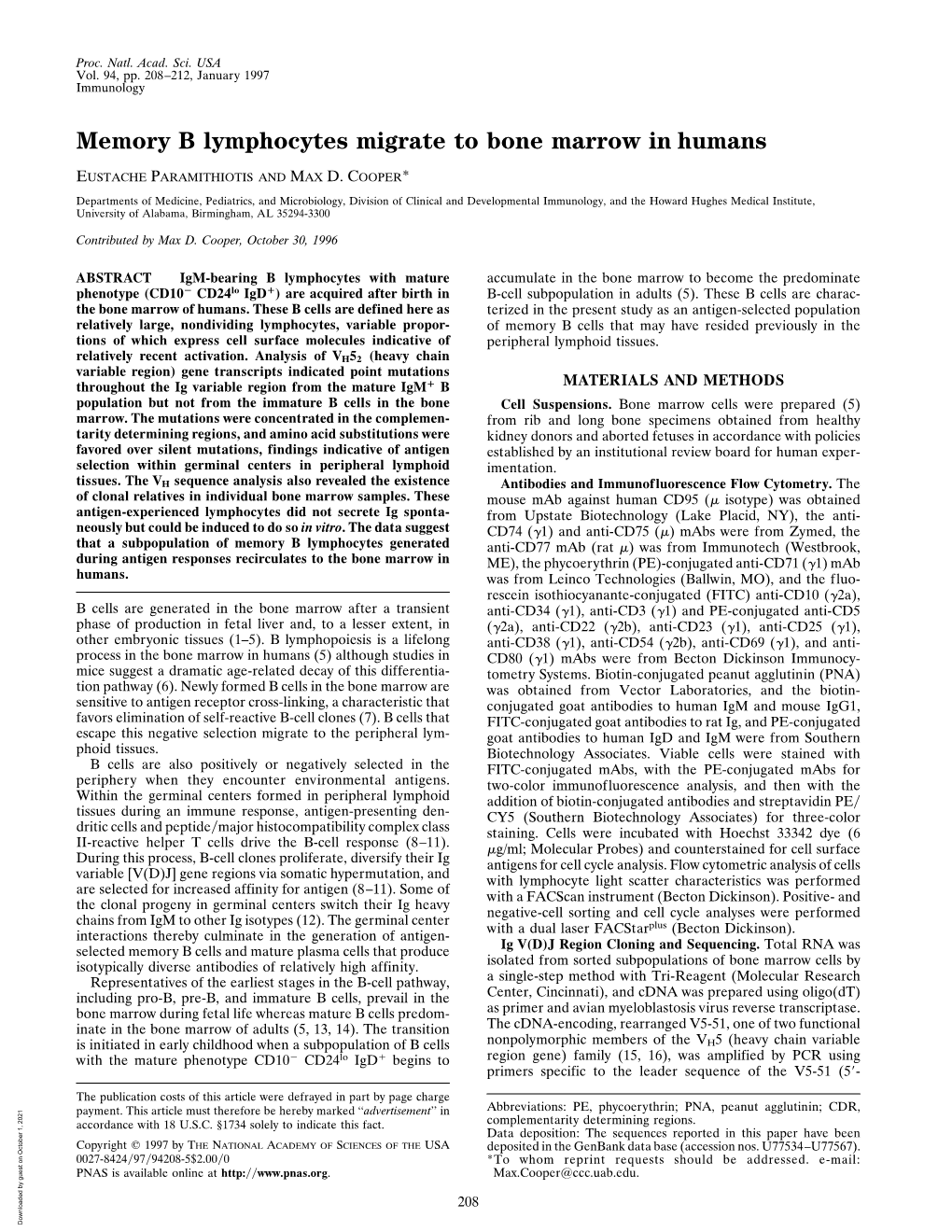 Memory B Lymphocytes Migrate to Bone Marrow in Humans