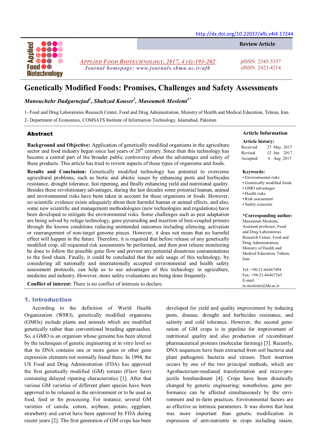 Genetically Modified Foods: Promises, Challenges and Safety Assessments