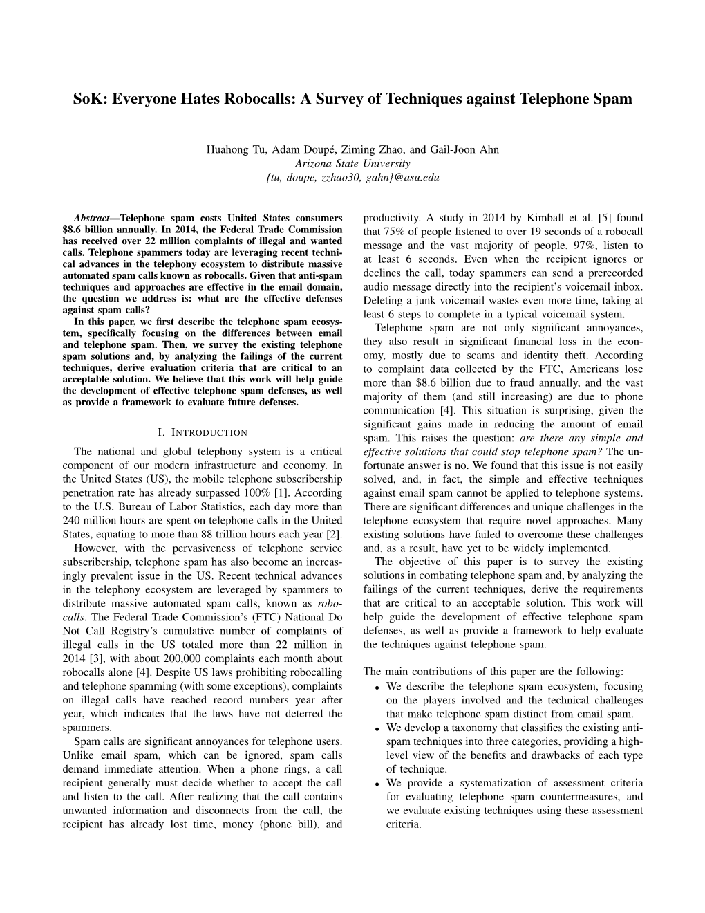 Sok: Everyone Hates Robocalls: a Survey of Techniques Against Telephone Spam