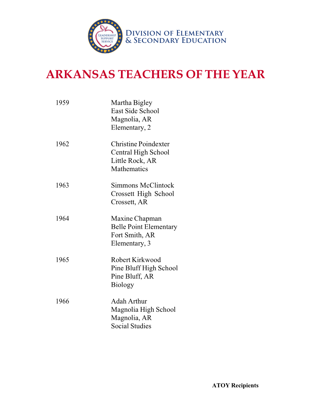 Arkansas Teacher of the Year (ATOY) Recipients