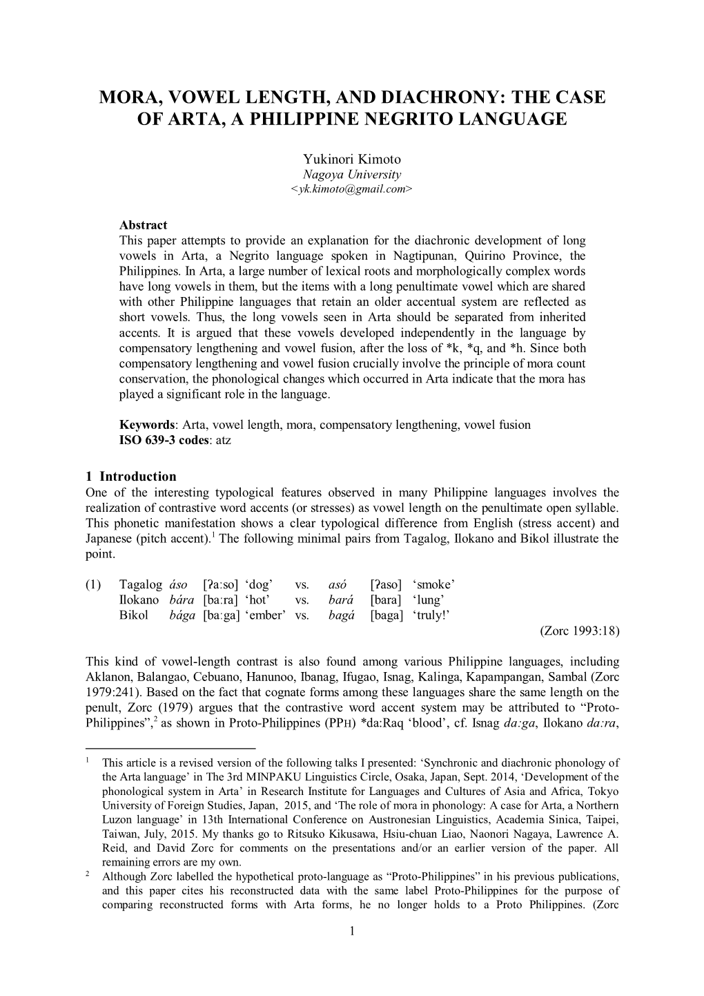 Mora, Vowel Length, and Diachrony: the Case of Arta, a Philippine Negrito Language