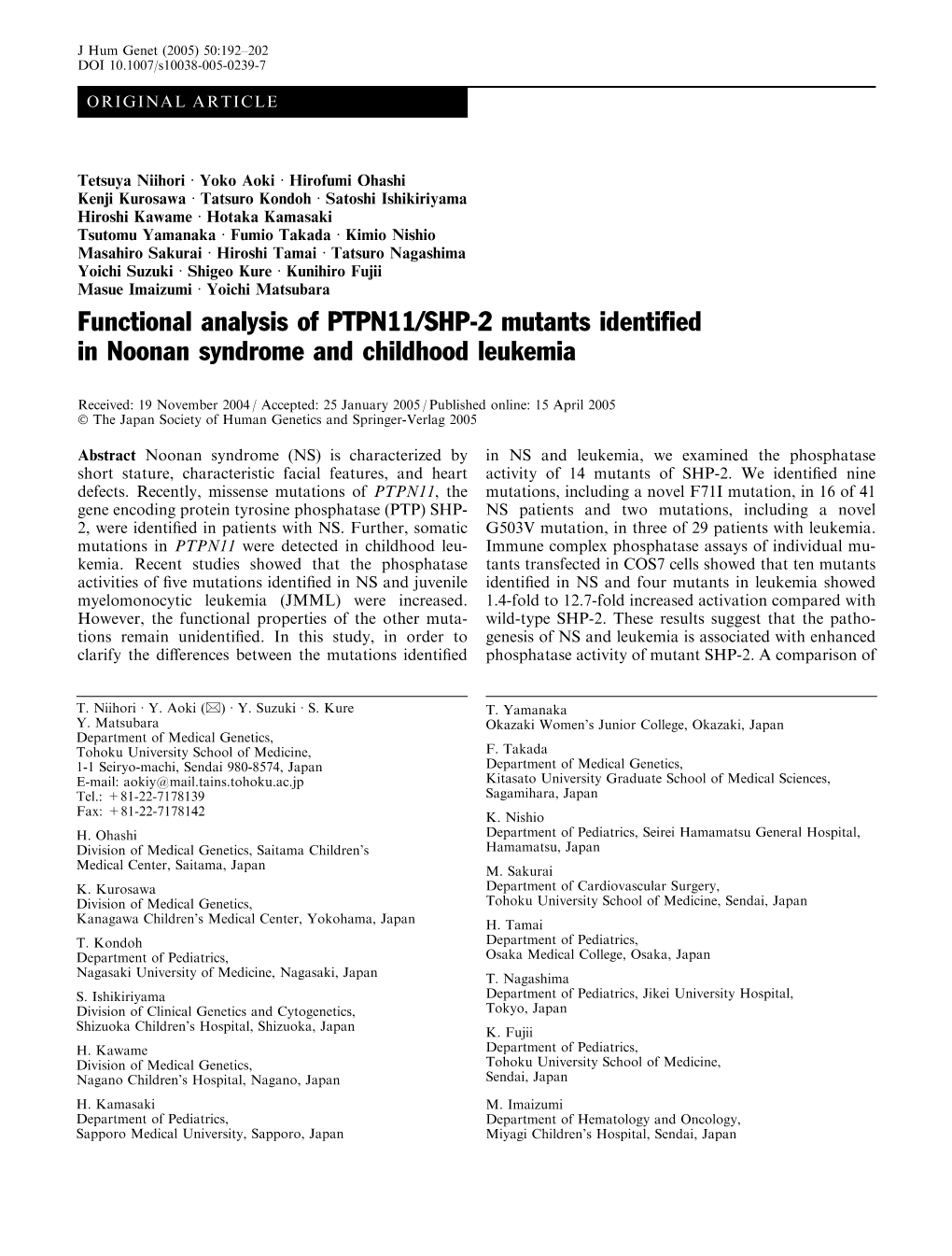 Functional Analysis of PTPN11/SHP-2 Mutants Identified in Noonan
