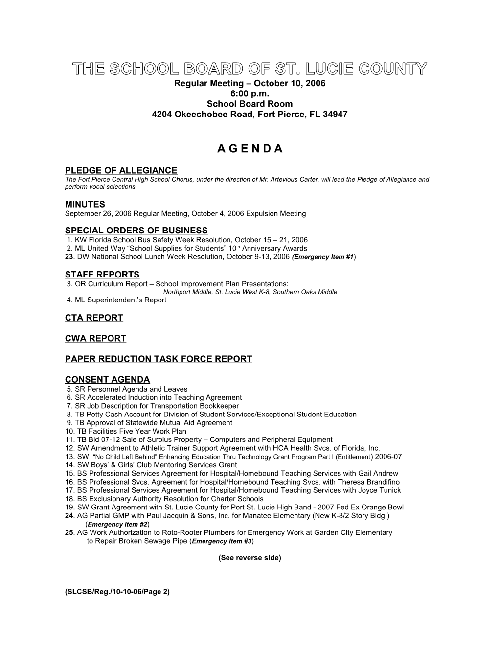 10-10-06 SLCSB Regular Meeting Final Agenda