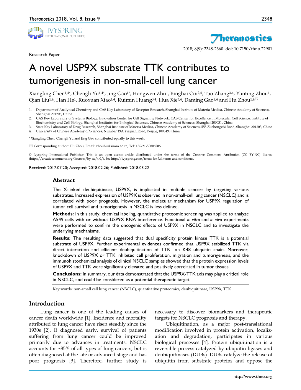 Theranostics a Novel USP9X Substrate TTK Contributes to Tumorigenesis in Non-Small-Cell Lung Cancer