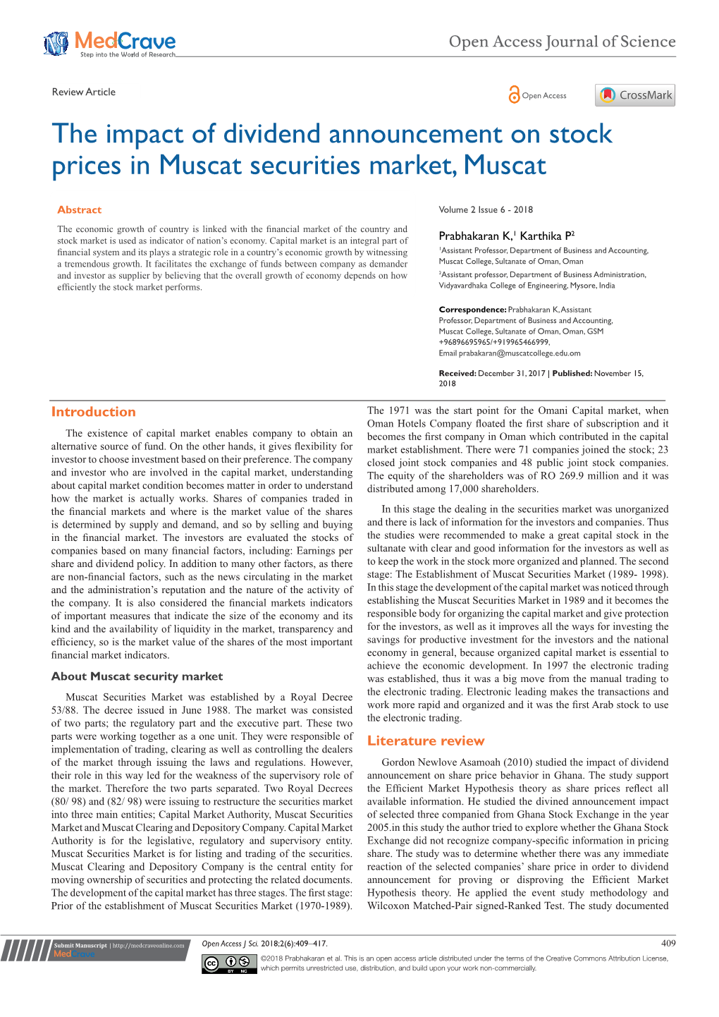 The Impact of Dividend Announcement on Stock Prices in Muscat Securities Market, Muscat