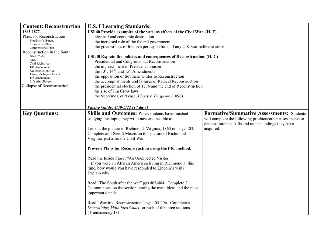 U.S. I Learning Standards: USI.40 Provide Examples of the Various Effects of the Civil