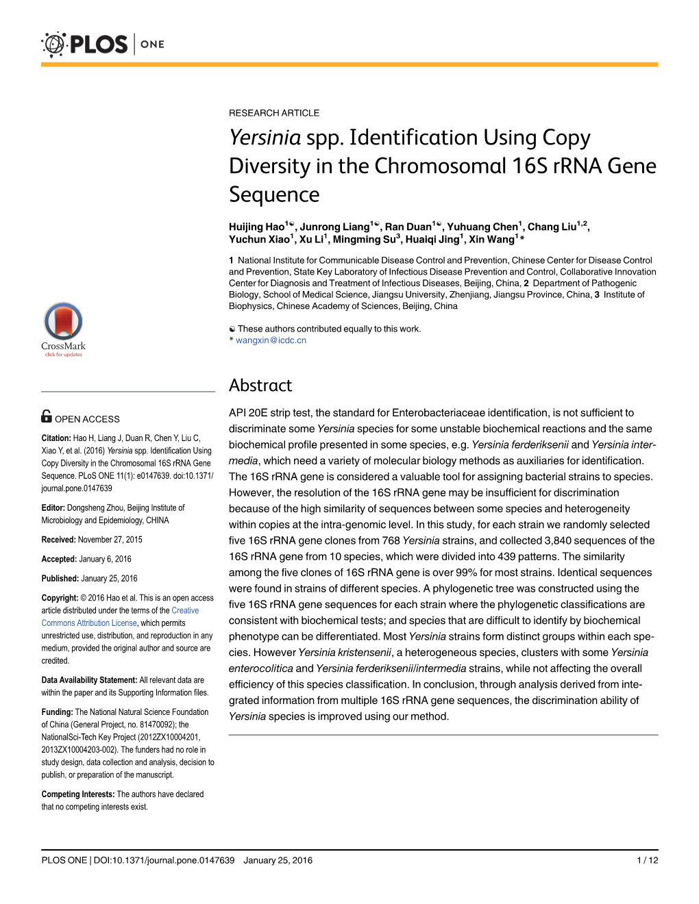 Yersinia Spp. Identification Using Copy Diversity in the Chromosomal 16S Rrna Gene Sequence