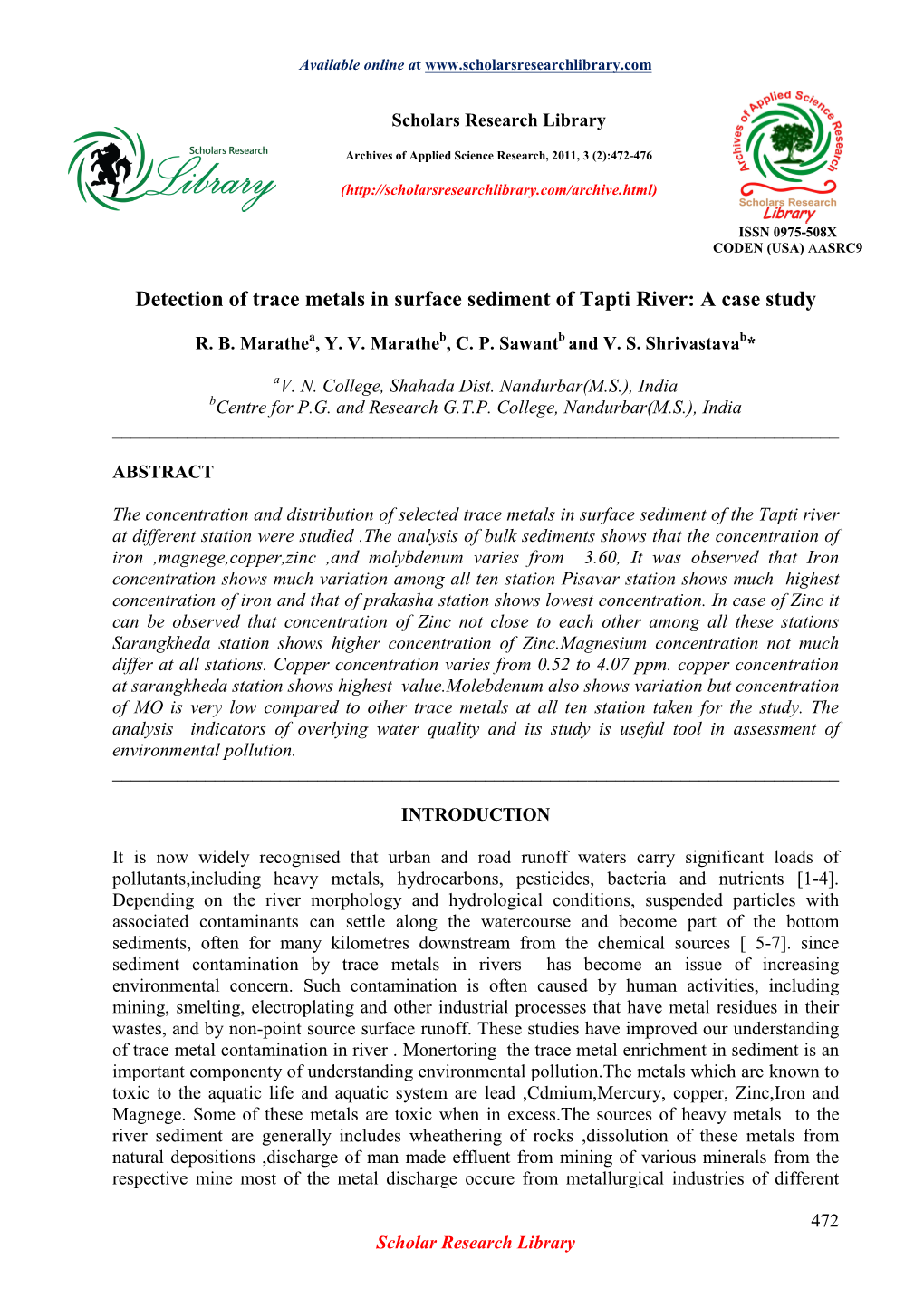 Detection of Trace Metals in Surface Sediment of Tapti River: a Case Study