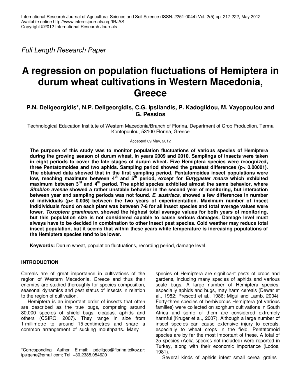 A Regression on Population Fluctuations of Hemiptera in Durum Wheat Cultivations in Western Macedonia, Greece