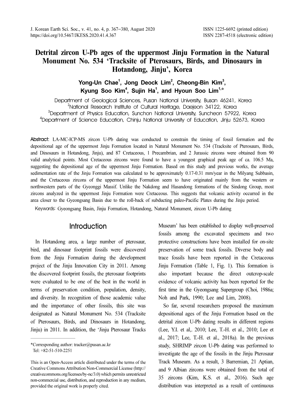 Detrital Zircon U-Pb Ages of the Uppermost Jinju Formation in the Natural Monument No. 534 ‘Tracksite of Pterosaurs, Birds, and Dinosaurs in Hotandong, Jinju’, Korea