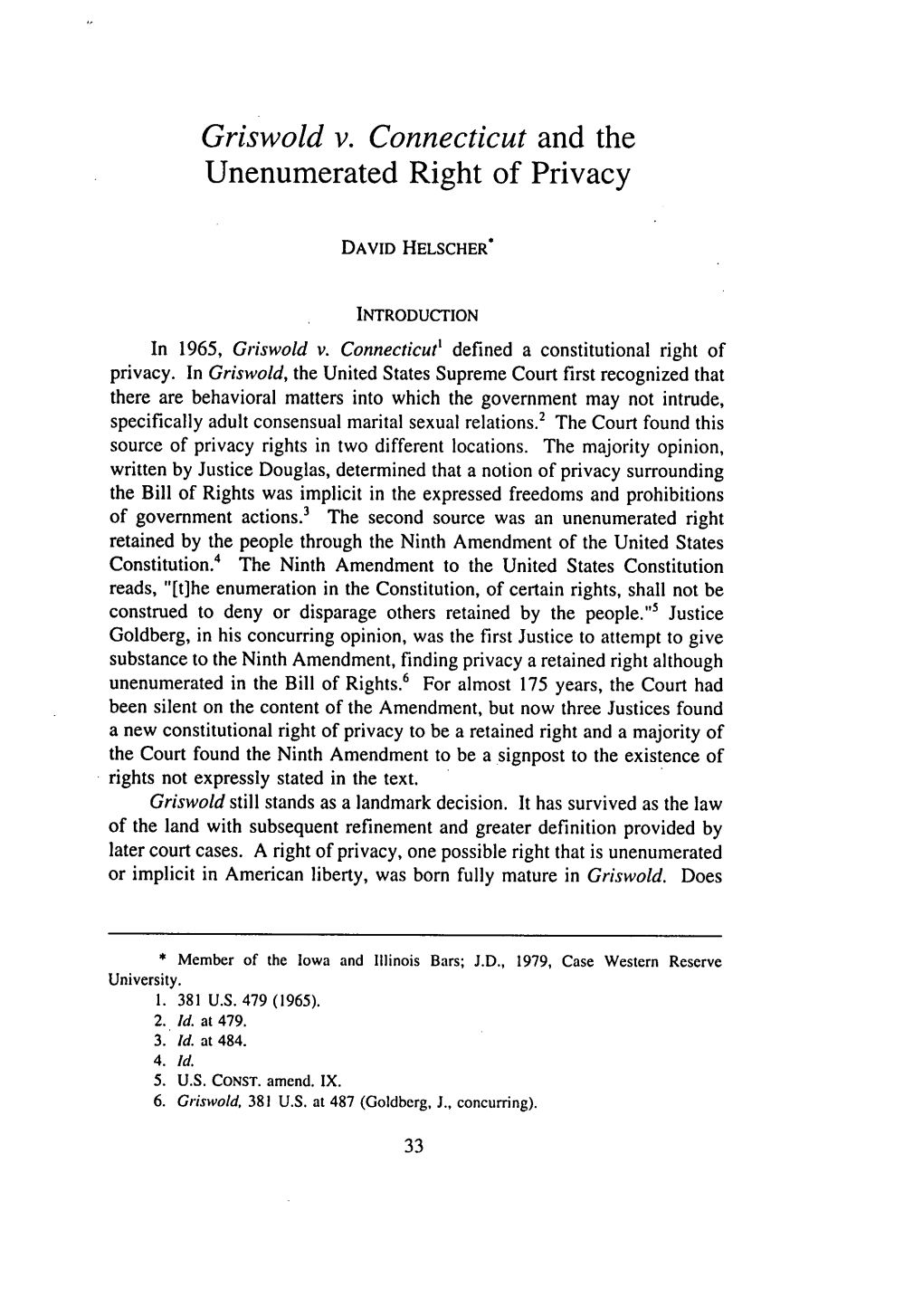 Griswold V. Connecticut and the Unenumerated Right of Privacy