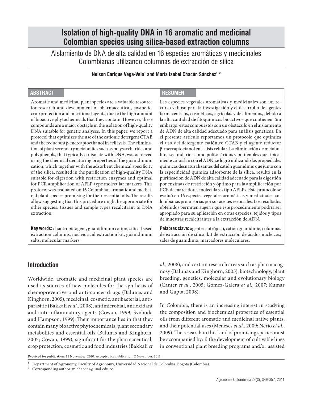 Isolation of High-Quality DNA in 16 Aromatic and Medicinal Colombian