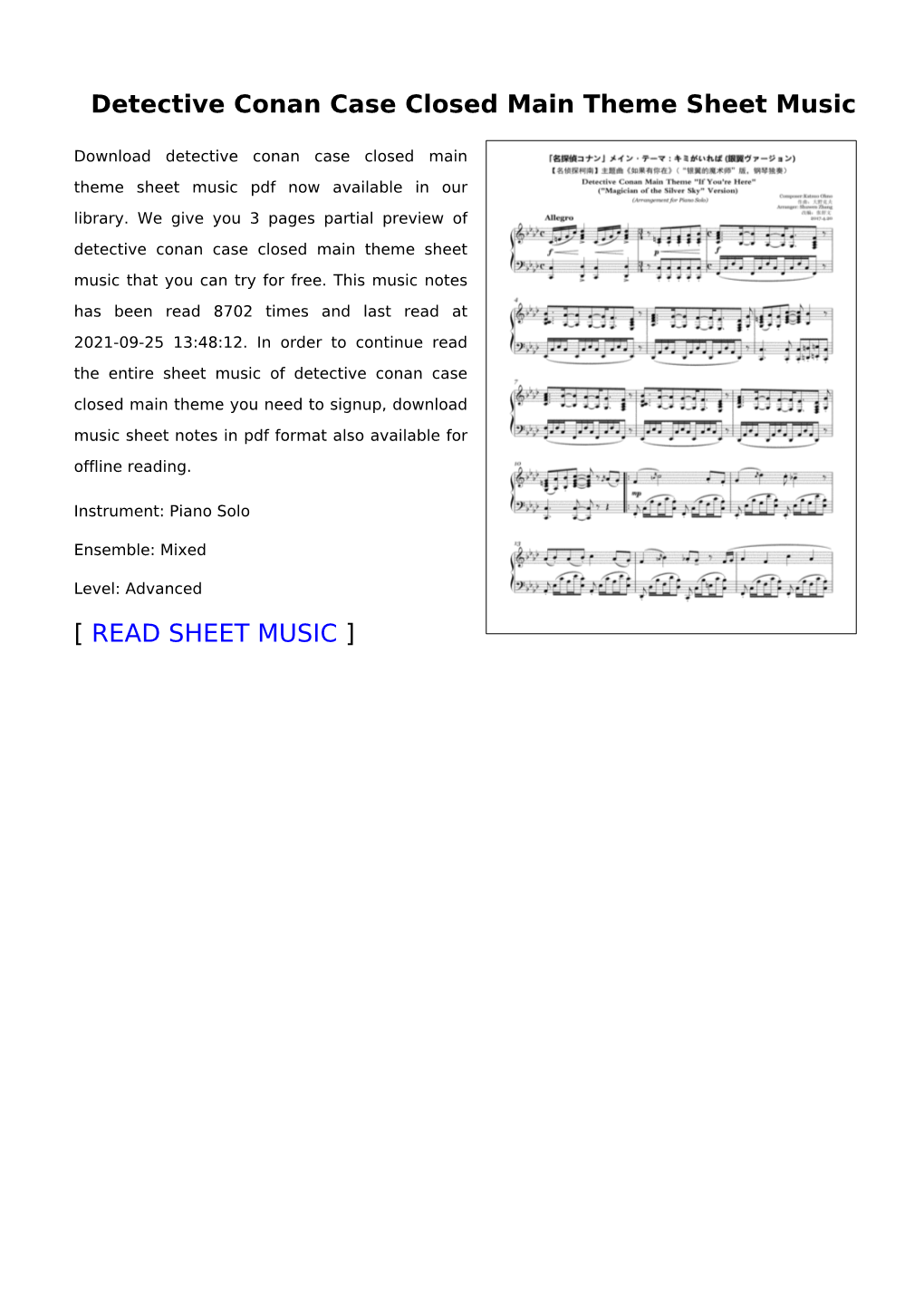 Detective Conan Case Closed Main Theme Sheet Music