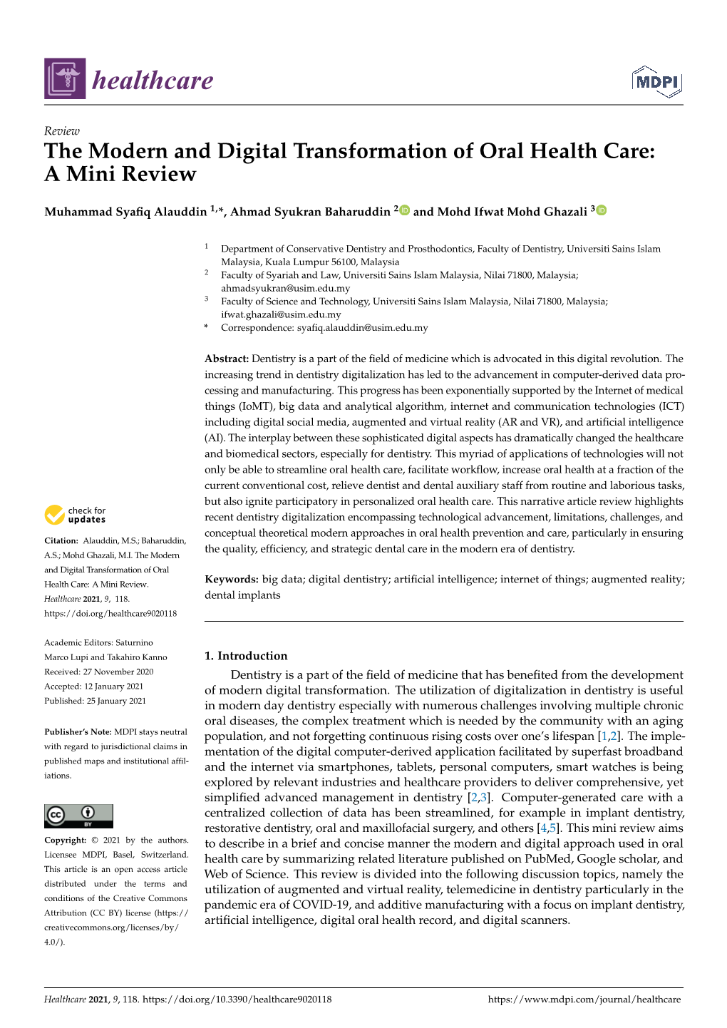 The Modern and Digital Transformation of Oral Health Care: a Mini Review