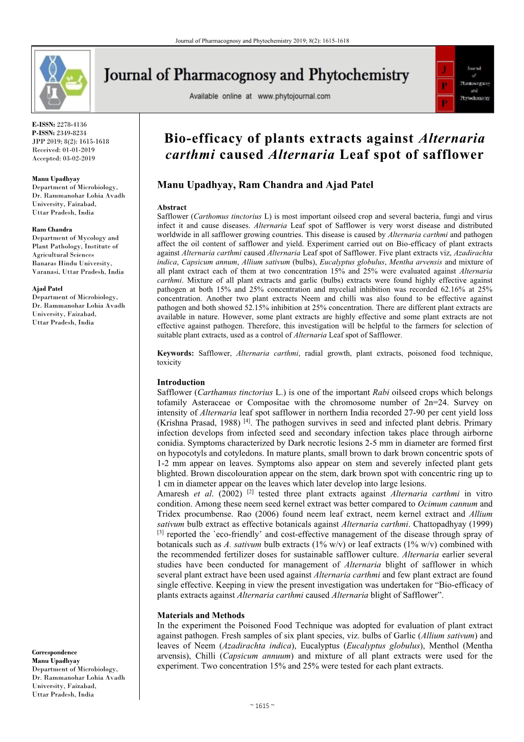 Bio-Efficacy of Plants Extracts Against Alternaria Carthmi Caused Alternaria Blight of Safflower”