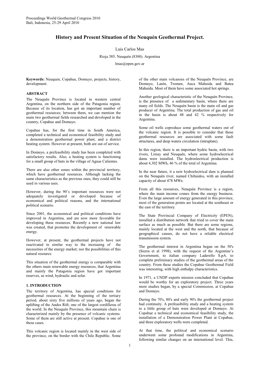 History and Present Situation of the Neuquén Geothermal Project