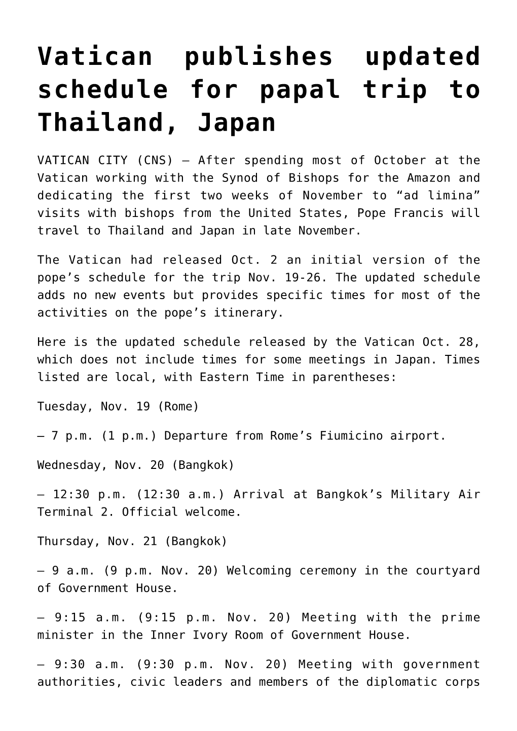 Vatican Publishes Updated Schedule for Papal Trip to Thailand, Japan
