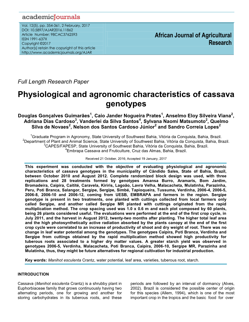 Physiological and Agronomic Characteristics of Cassava Genotypes