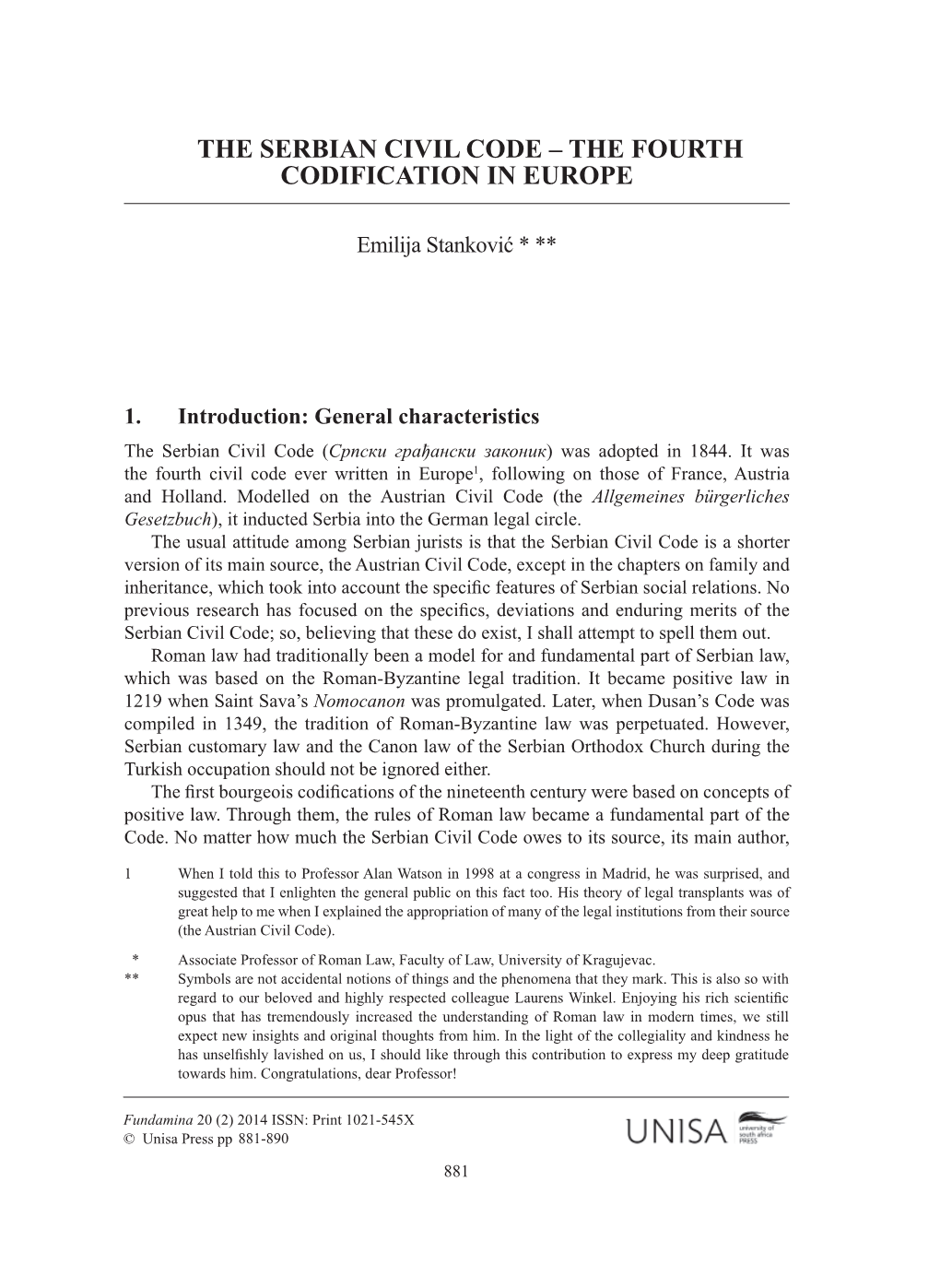 The Serbian Civil Code – the Fourth Codification in Europe