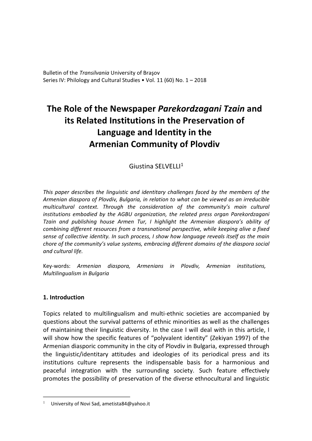 The Role of the Newspaper Parekordzagani Tzain and Its Related Institutions in the Preservation of Language and Identity in the Armenian Community of Plovdiv