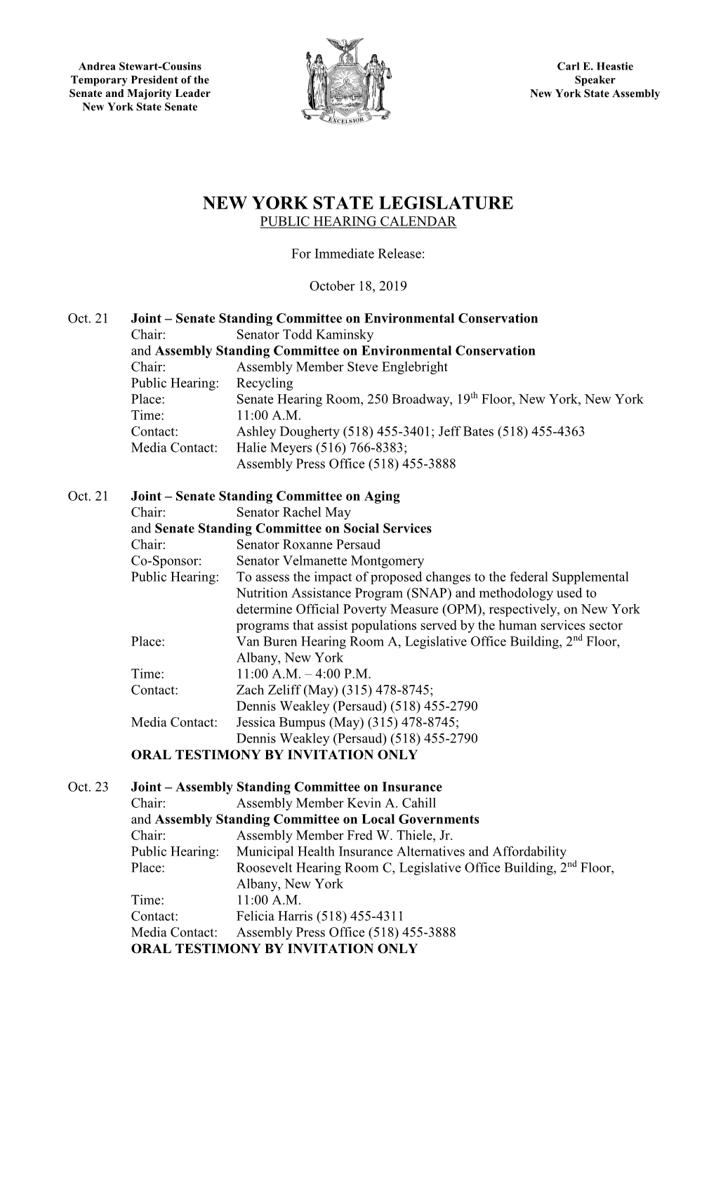 New York State Legislature Public Hearing Calendar