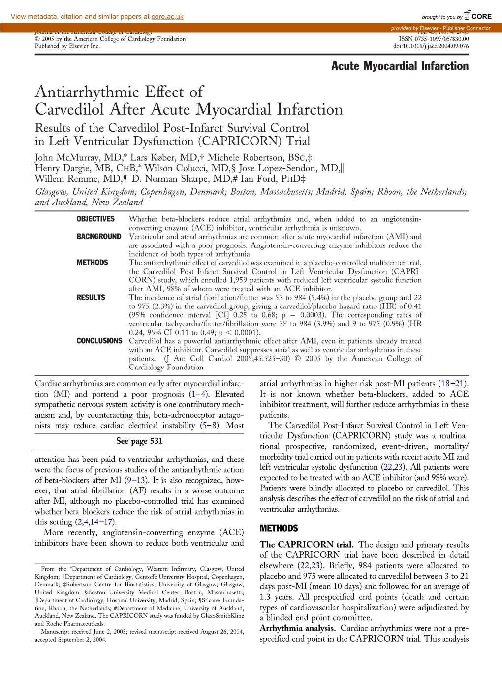 Antiarrhythmic Effect of Carvedilol After Acute Myocardial Infarction