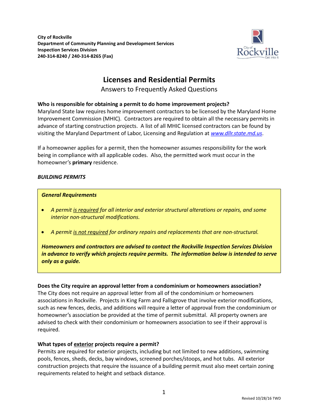 Licenses and Residential Permits Answers to Frequently Asked Questions