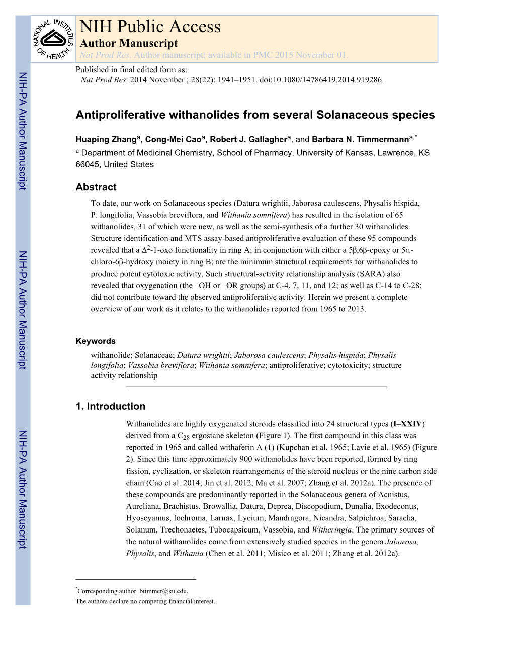 NIH Public Access Author Manuscript Nat Prod Res