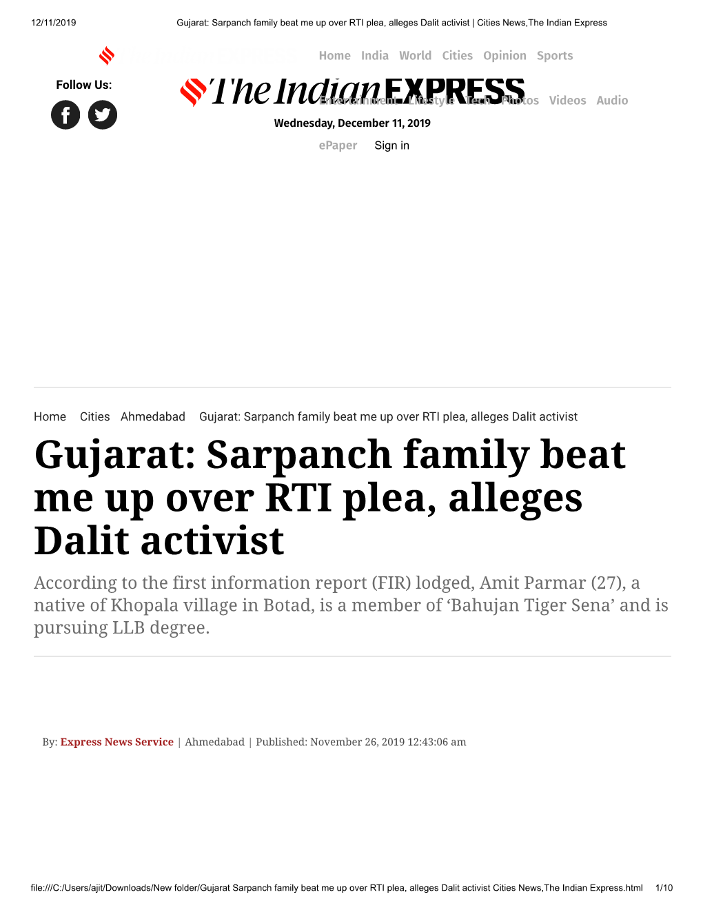 Gujarat: Sarpanch Family Beat Me up Over RTI Plea, Alleges Dalit Activist | Cities News,The Indian Express