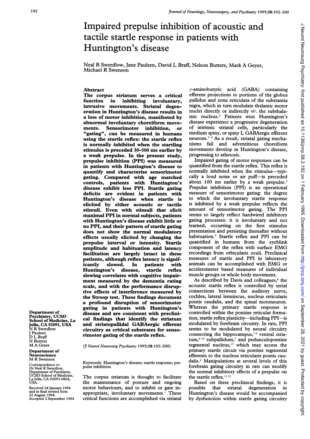 Impaired Prepulse Inhibition Ofacoustic