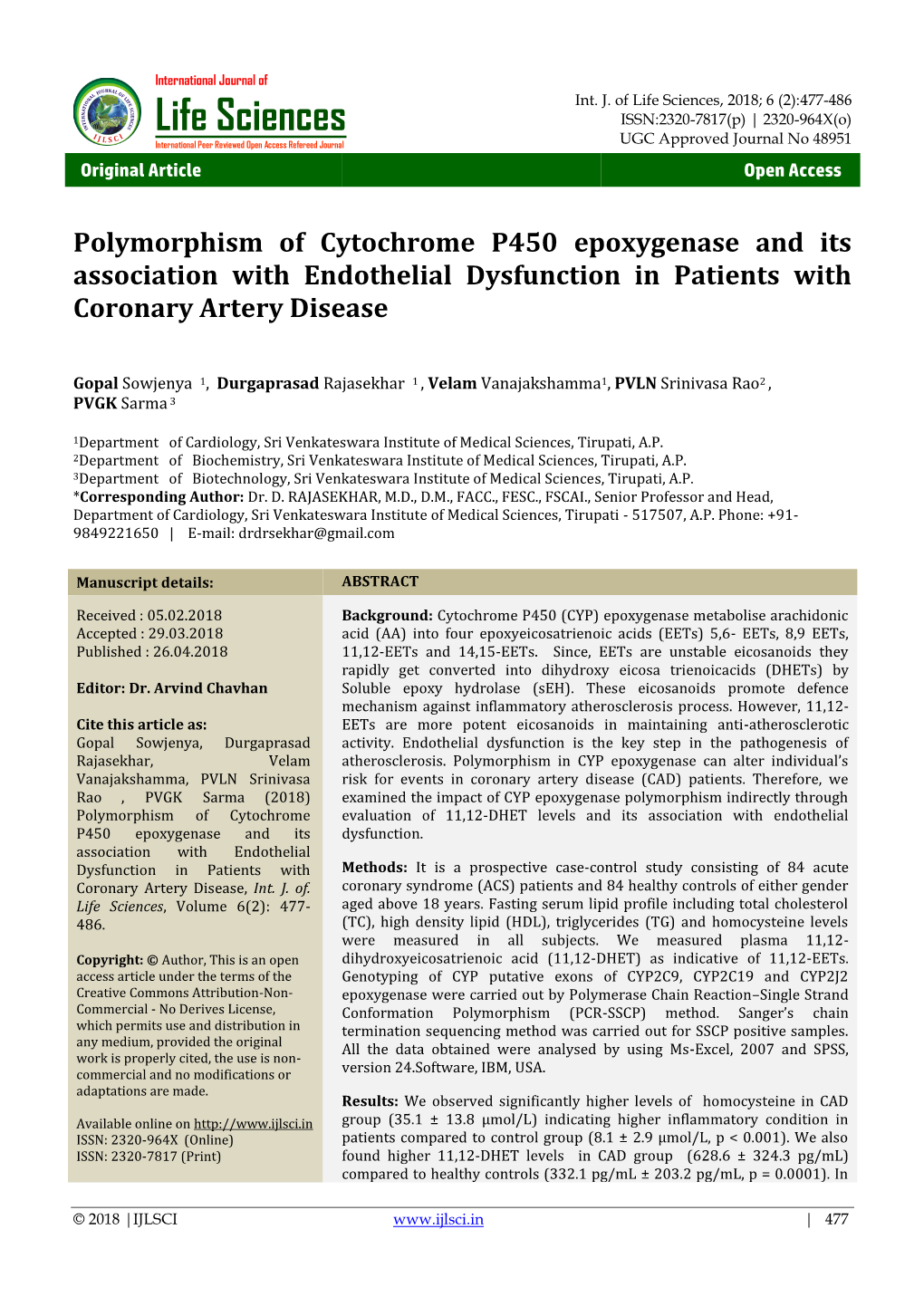 Polymorphism of Cytochrome P450 Epoxygenase and Its Association with Endothelial Dysfunction in Patients with Coronary Artery Disease