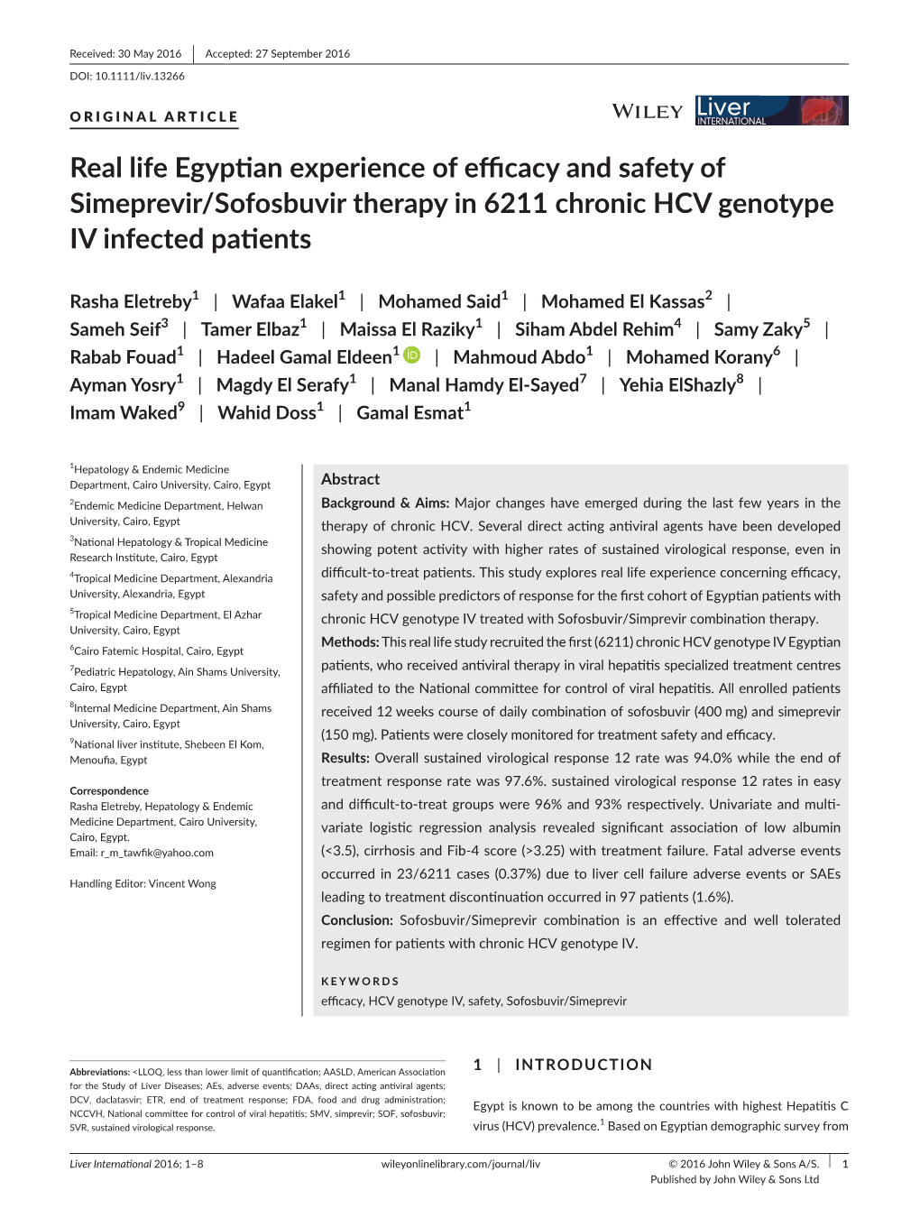 Real Life Egyptian Experience of Efficacy and Safety of Simeprevir&