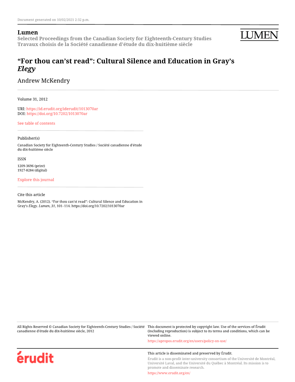 Cultural Silence and Education in Gray's Elegy