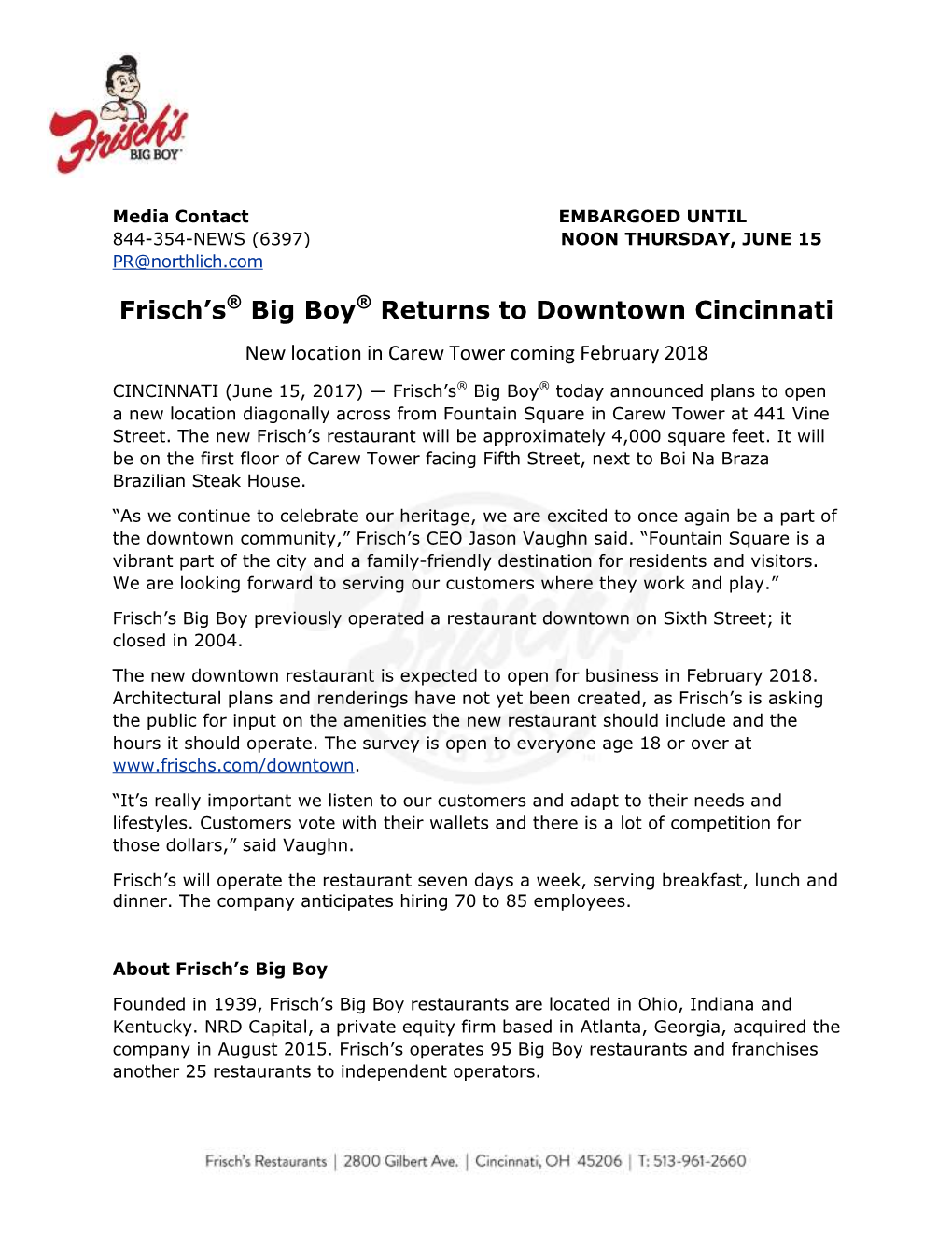 Frisch's® Big Boy® Returns to Downtown Cincinnati
