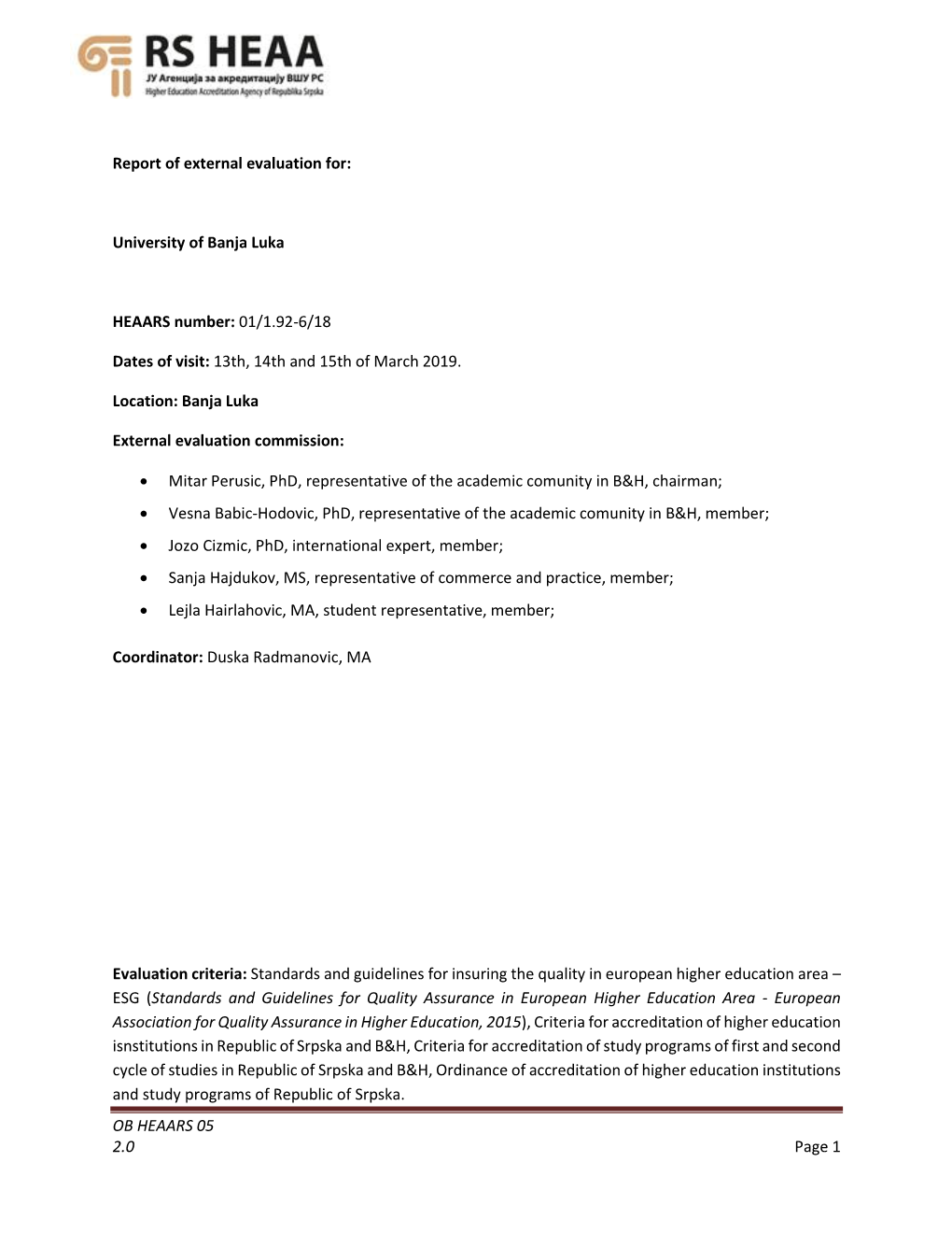 OB HEAARS 05 2.0 Page 1 Report of External Evaluation For: University Of