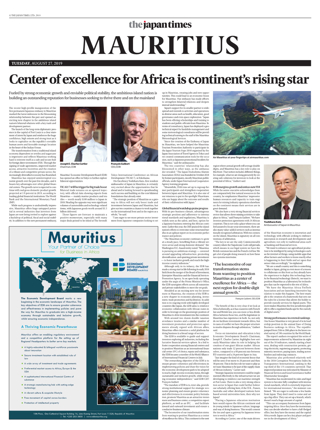 MAURITIUS TUESDAY, AUGUST 27, 2019 Center of Excellence for Africa Is Continent’S Rising Star
